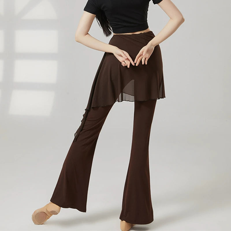 Modern Dance Pant Women Long Microflared Latin Trousers Mesh Wrap Skirt Classical Practice Costume Stage Line Dancewear Female