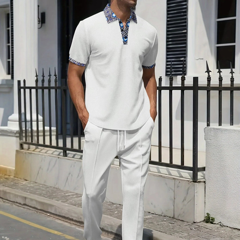 Men's Summer Fashion Set: Color-block Contrast Collar T-shirt + Straight-leg Pants, Trendy and Versatile