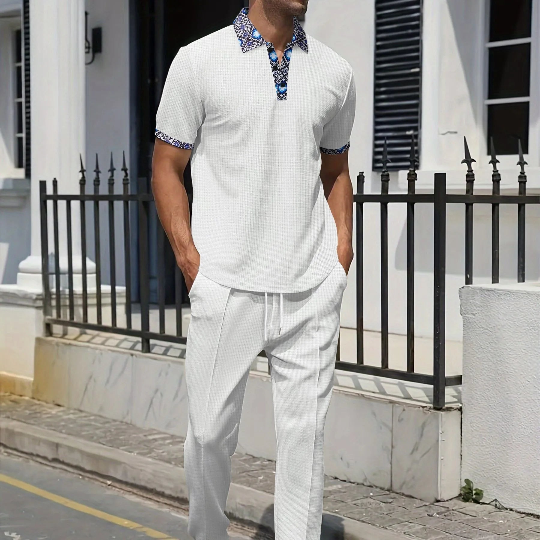 Men's Summer Fashion Set: Color-block Contrast Collar T-shirt + Straight-leg Pants, Trendy and Versatile