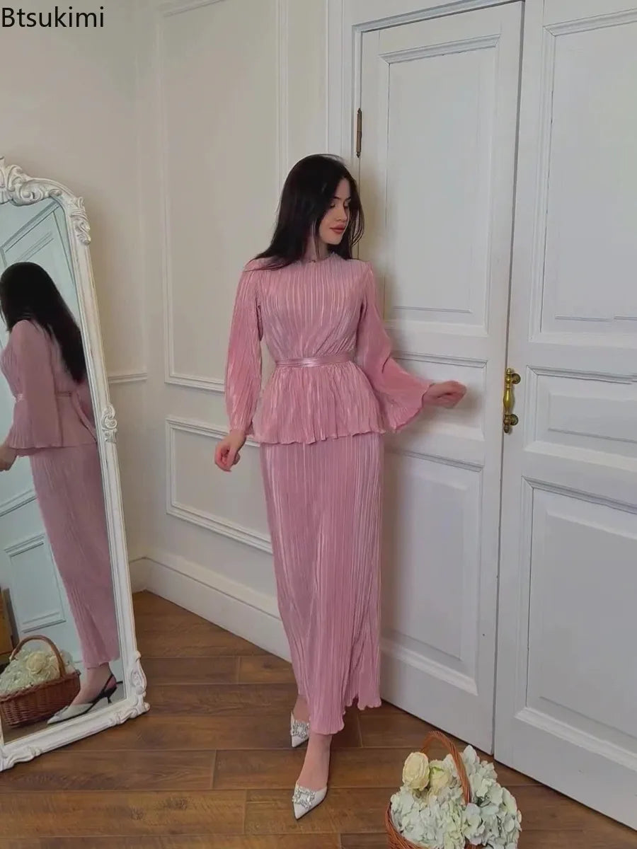 Summer New Women's Elegant 2-piece Sets Solid O-neck Long Sleeve Lace-up Tops and High Waist Half Skirt Sets Women Matching Sets