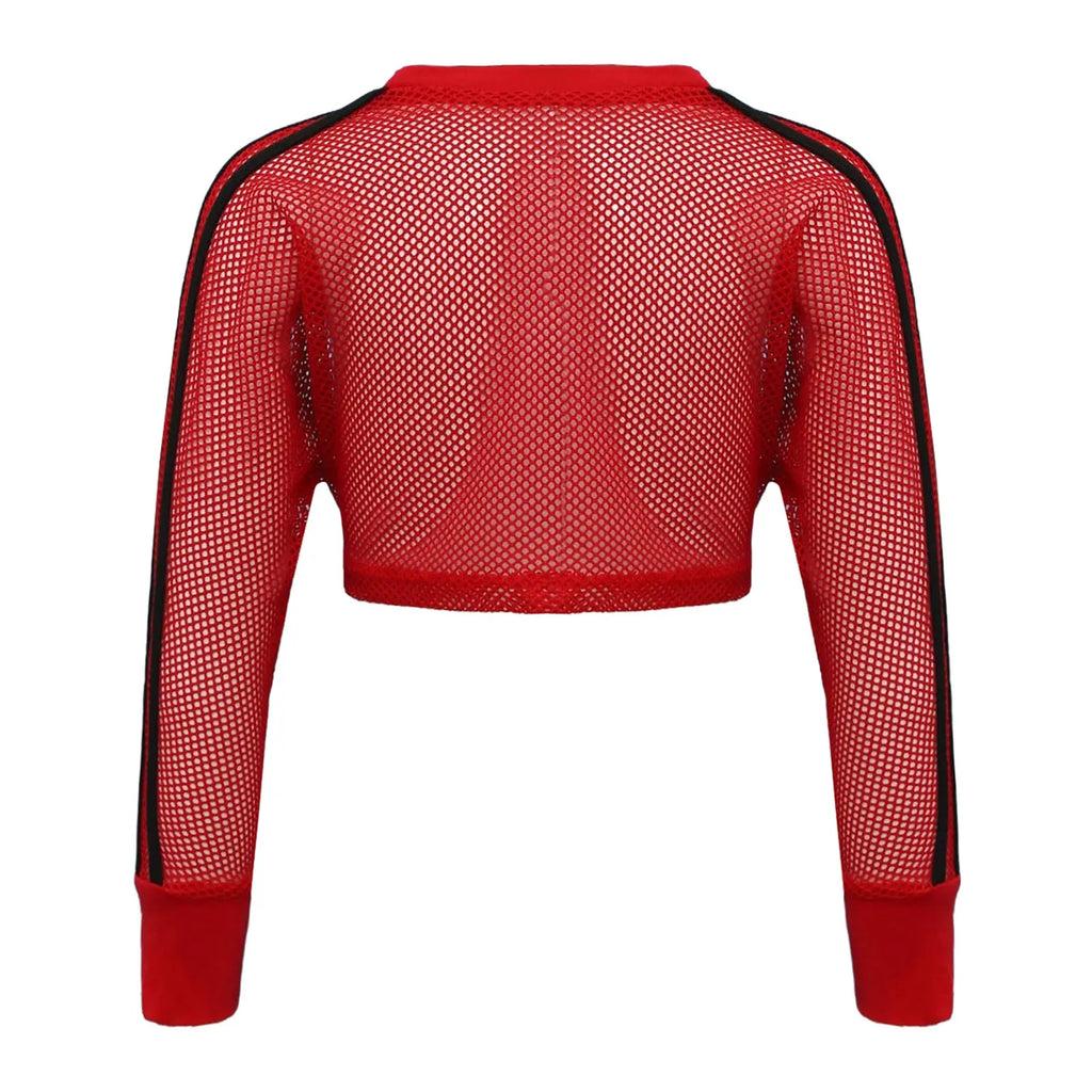 Kids Girls Fishnet T-shirt Hip Hop Street Dance Tops Long Sleeve Round Neck Hollow Out Mesh Crop Top for Workout Gym Sportswear