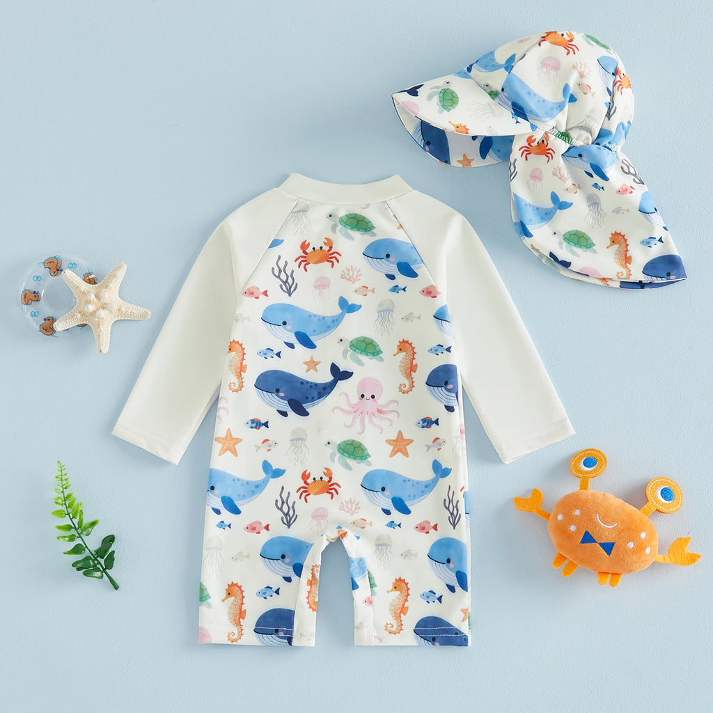 Summer Toddler Kids Baby Boys Swimsuits Long Sleeve Animal Print Rash Guard Jumpsuits with Hats Swimwear Beachwear
