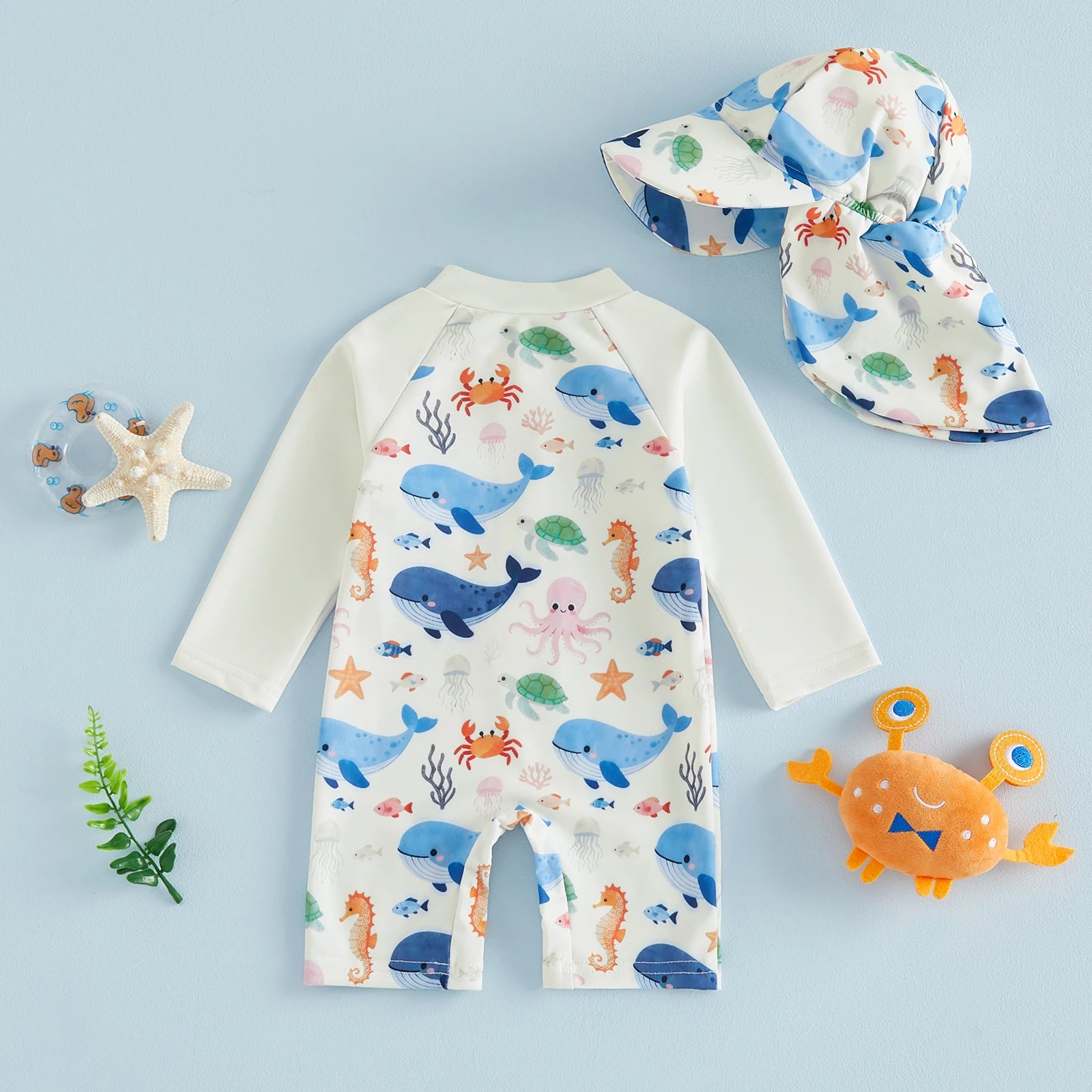 Summer Toddler Kids Baby Boys Swimsuits Long Sleeve Animal Print Rash Guard Jumpsuits with Hats Swimwear Beachwear