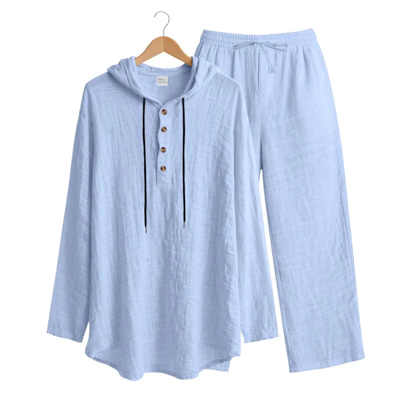 Men's Linen Hooded Sets 2 Piece Outfit Summer Casual Long Sleeve Hoodie and Wide Leg Pants Set for Men