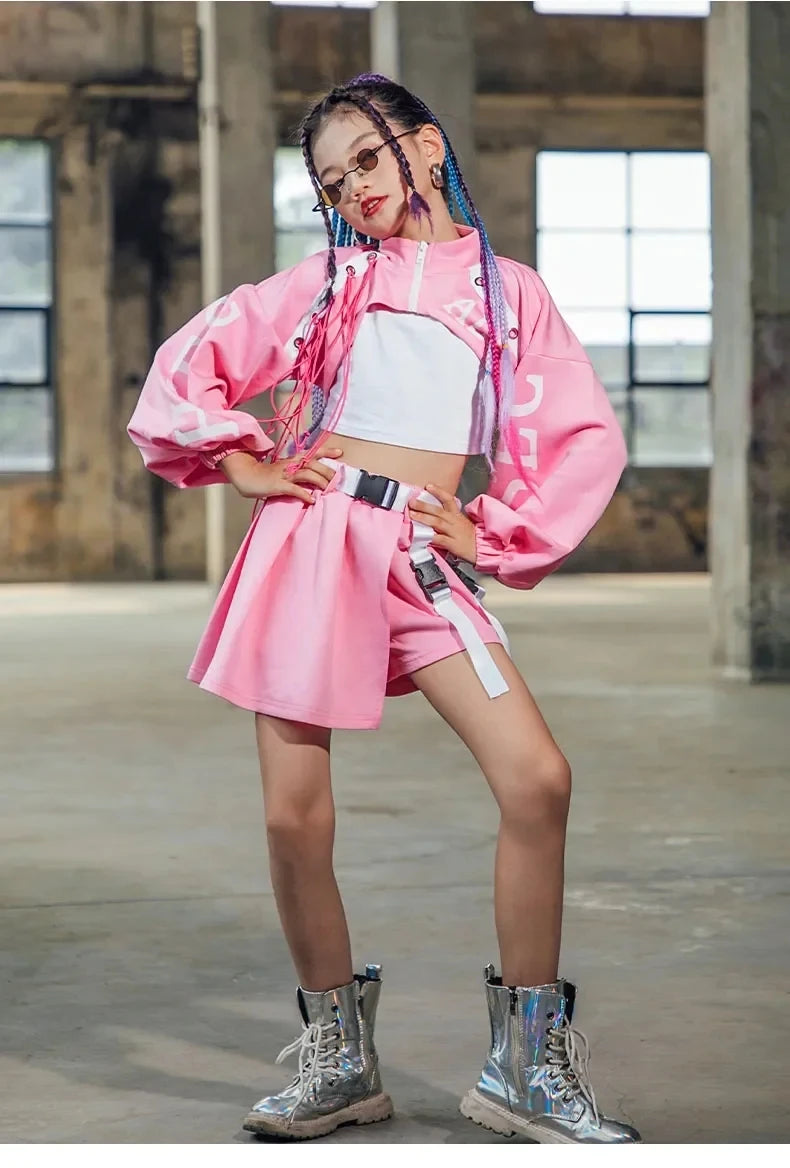 Kid Girl Jazz Dance Costume Children Street Hip Hop Dance Jazz Kpop Dance Costume for Girls Pink Outfit Streetwear Clothes Sets