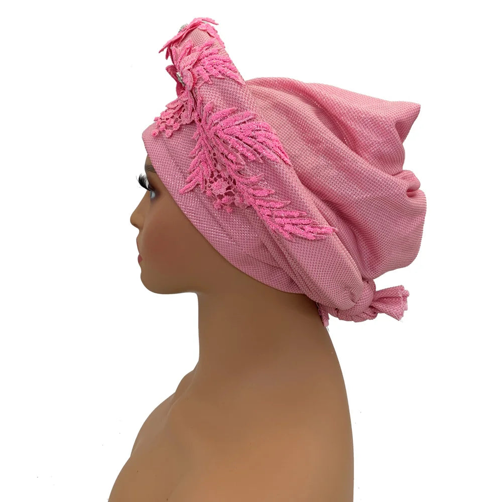 Elegant African Autogele Women's Turban Cap Nigeria Wedding Gele Ready to Wear Headtie with Embroidery Lace Party Headwear