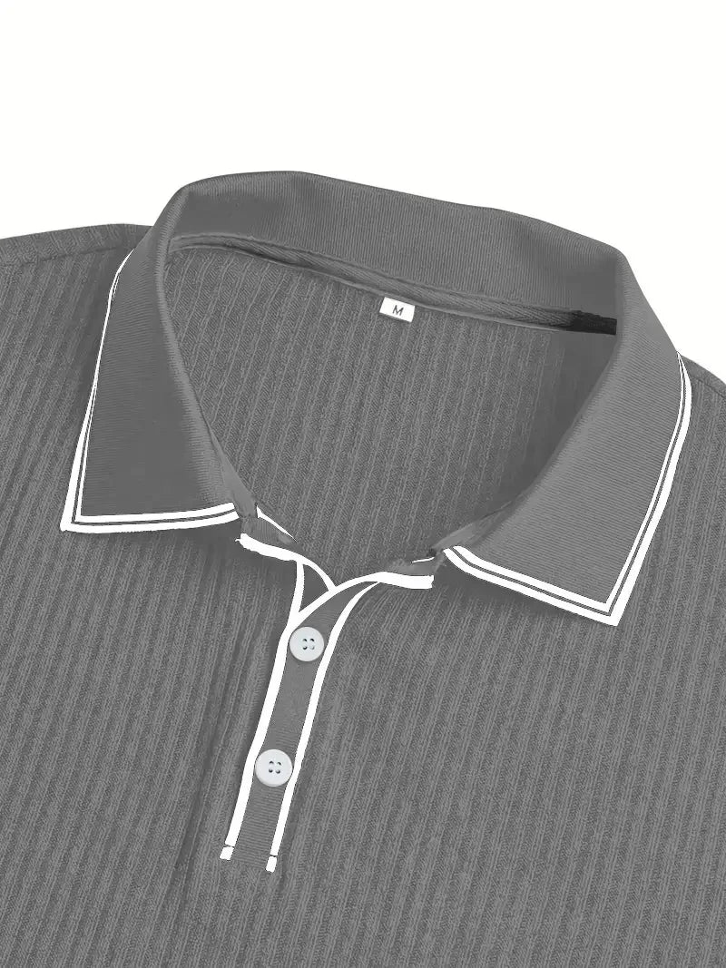 Men Ribbed Knit Polo Shirt Short Sleeve Turn Down Collar Contrast Trim Button Placket Slim Fit Casual Top