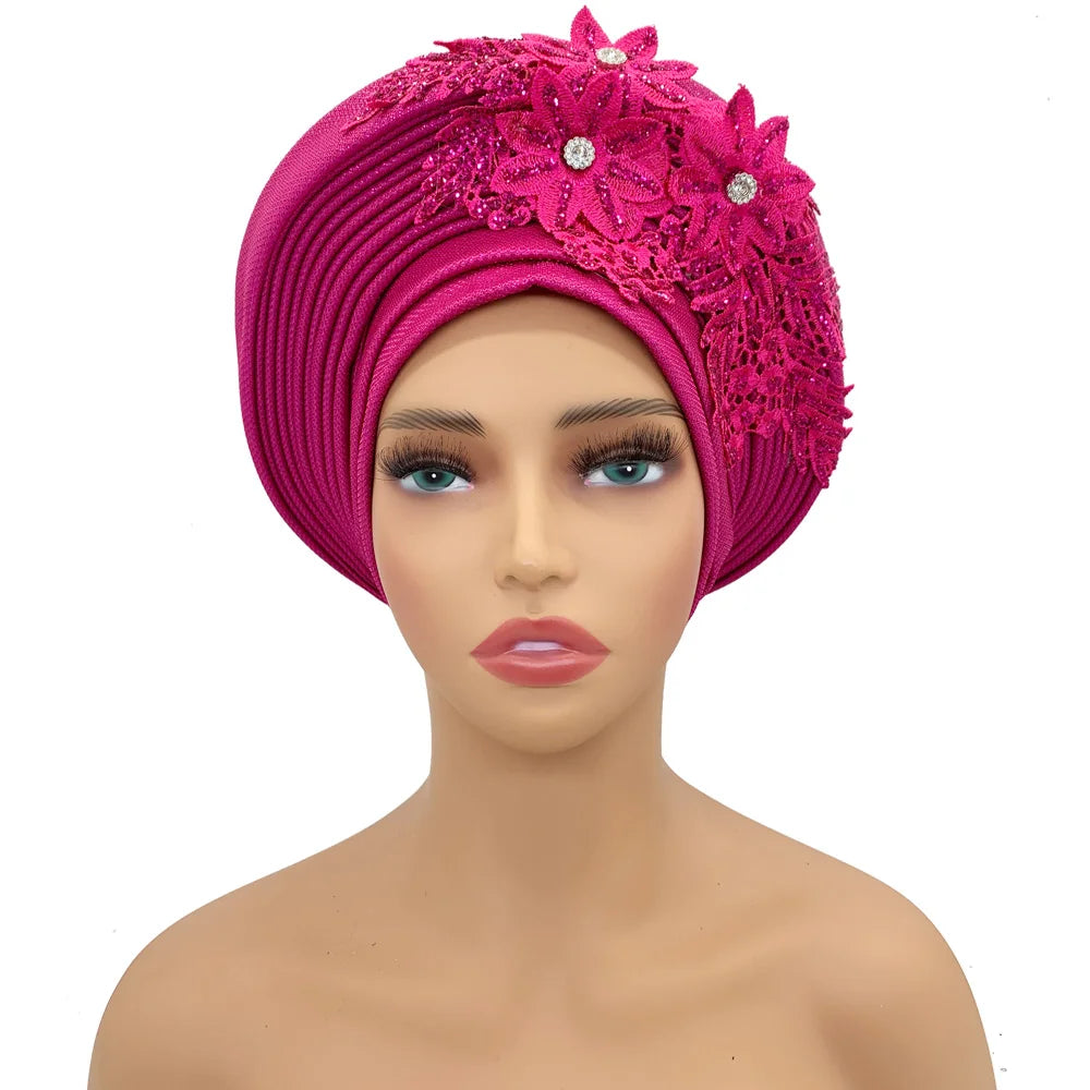Elegant African Autogele Women's Turban Cap Nigeria Wedding Gele Ready to Wear Headtie with Embroidery Lace Party Headwear