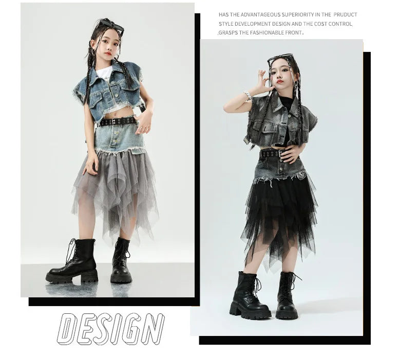 Girls Hip Hop Clothing Denim Sleeveless Jacket Vest Top Street Patchwork Mesh Skirt for Kids Jazz Dance Costume Clothes