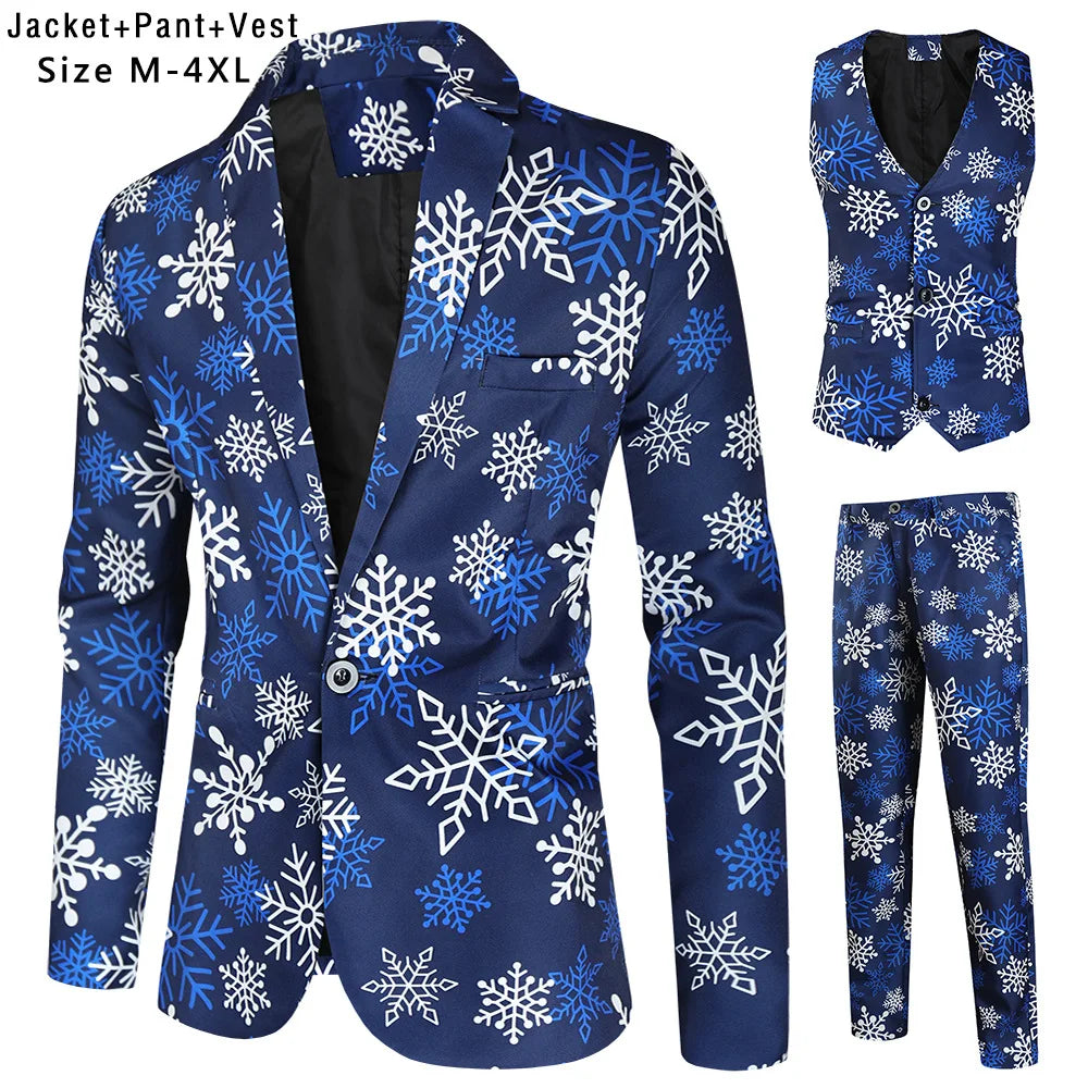 New Men's 3 Piece Christmas Sets Blazers+Vest+Pants 2026 Xmas Printed Men Suit Set Party Stage Dress Up Style Costume Streetwear