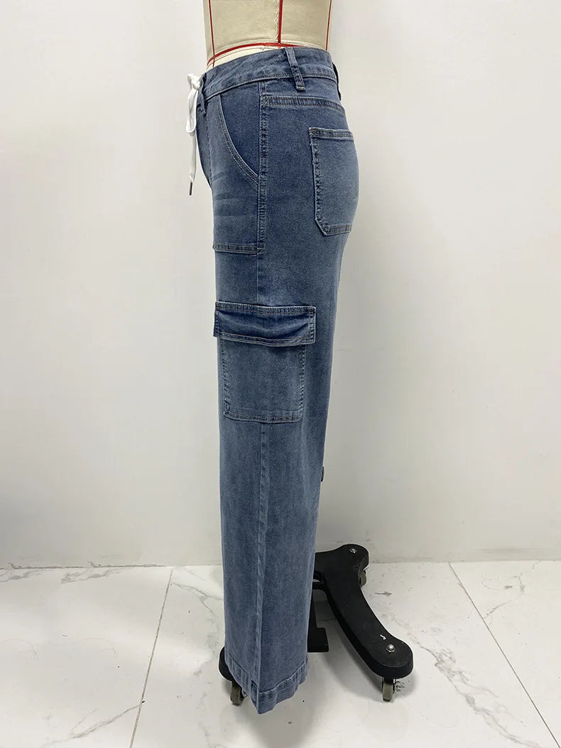 2026 Women's Casual Straight Leg Jeans Pants Fashion Style Belt and Multiple Pockets Functional Work Pants Female Cargo Trousers