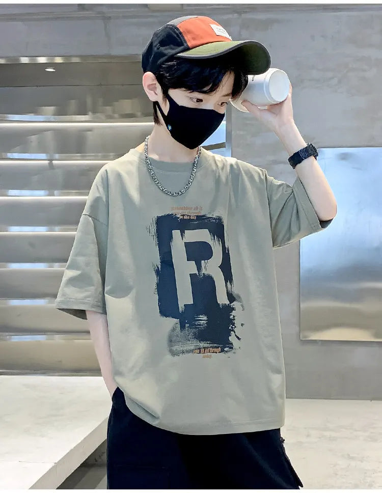New Kids Boy Casual Tshirts Tops Novelty Printed Summer Children's T-shirt Short Sleeve Clothes Teenager Khaki Black Cotton Tees