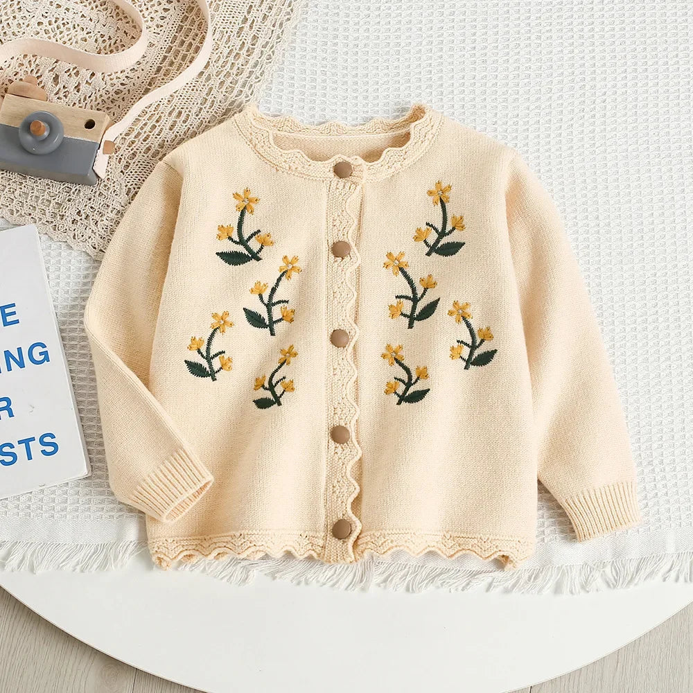 Baby Girl Clothes Girls Knitted Sweater Set Embroidered Flower Design Two-Piece Jacket And Pants Spring Autumn Korean Style
