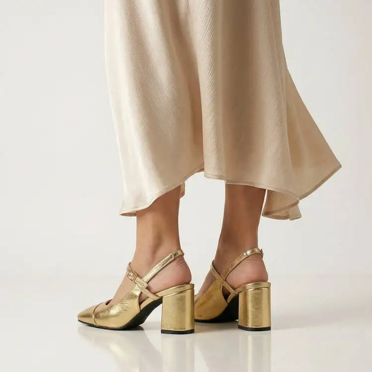 Mary Jane Colorful Leather Single Shoes Female Round Toe Back Empty Buckle Strap Women’s Sandals 7cm Chunky High Heels Office DE
