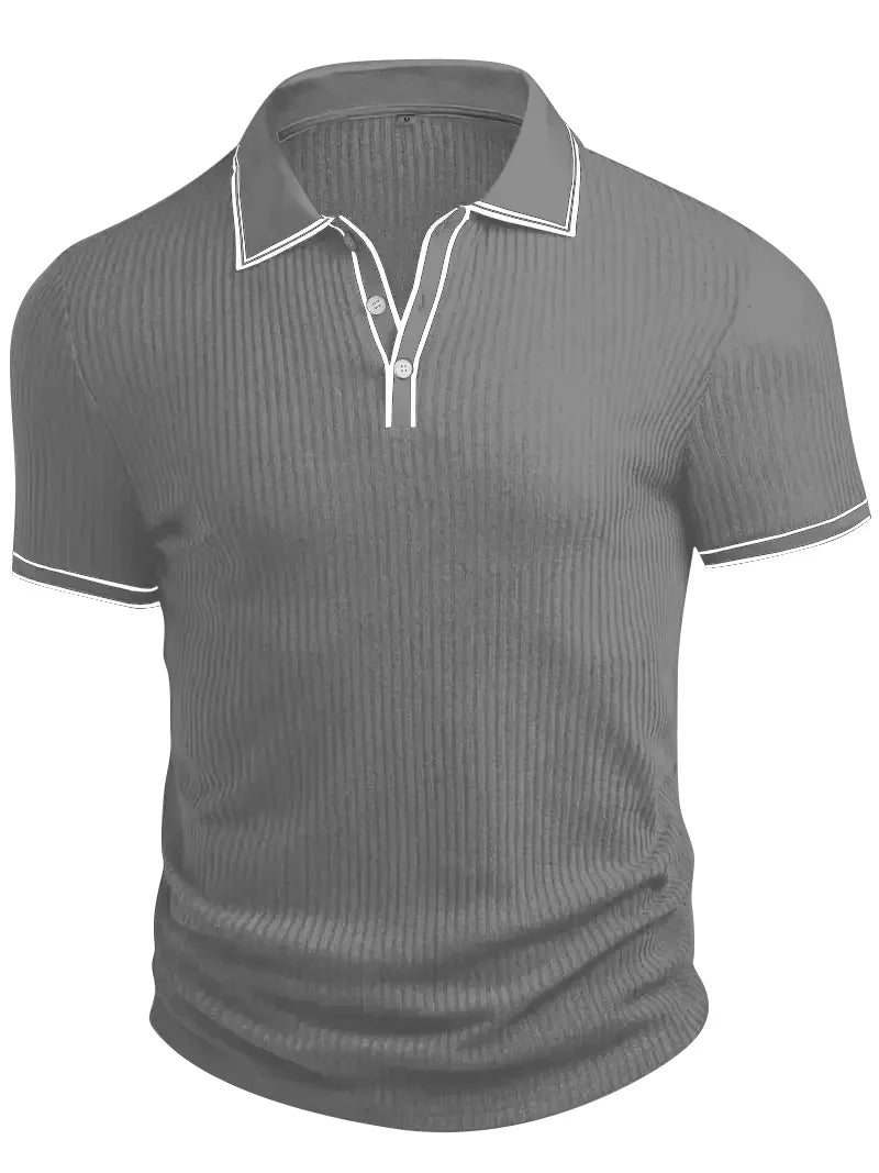 Men Ribbed Knit Polo Shirt Short Sleeve Turn Down Collar Contrast Trim Button Placket Slim Fit Casual Top
