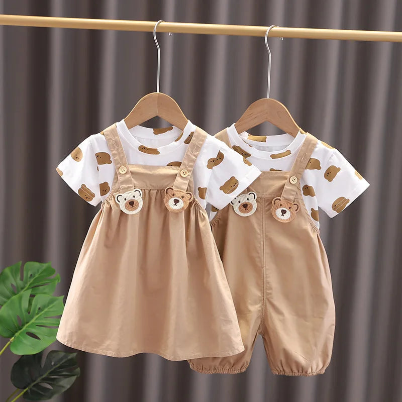 New Summer Baby Boys Fashion Cartoon T-Shirt Overalls 2Pcs/Set Toddler Girl Clothes Suit Children Costume Kids Twins Tracksuits
