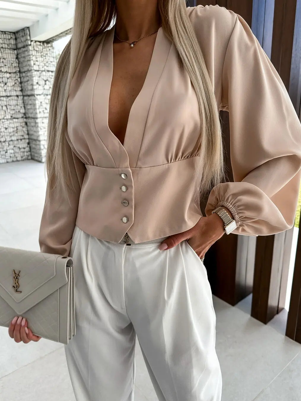 Women V Neck Puff Long Sleeve Blouse Cinched Waist Button Down Cropped Top
