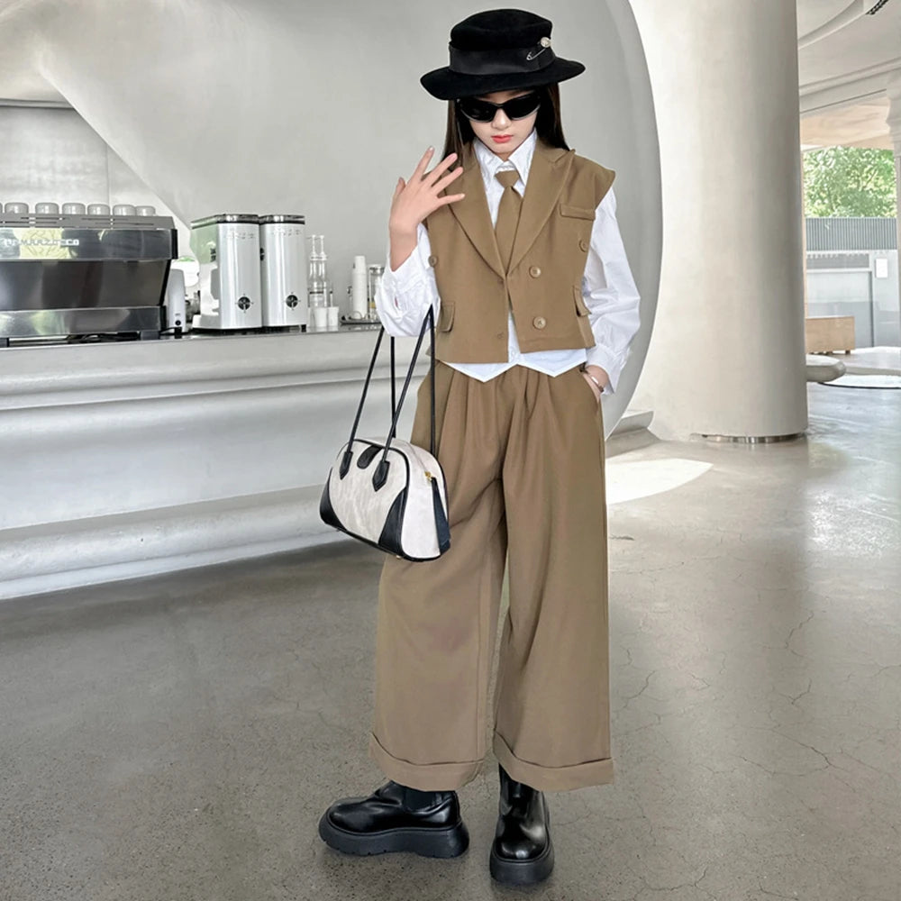 New Girls Blazer Suit Clothing Sets 2026 Spring Autumn New Kids Vest+Pants Fashion Loose Formal Teens Casual Outfits 3-14 Years