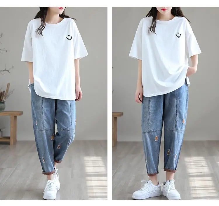 Nine Point ripped Jeans For women Summer 2025 new Loose Thin Elastic waist Casual Harem pants Female denim Ankle Length pants