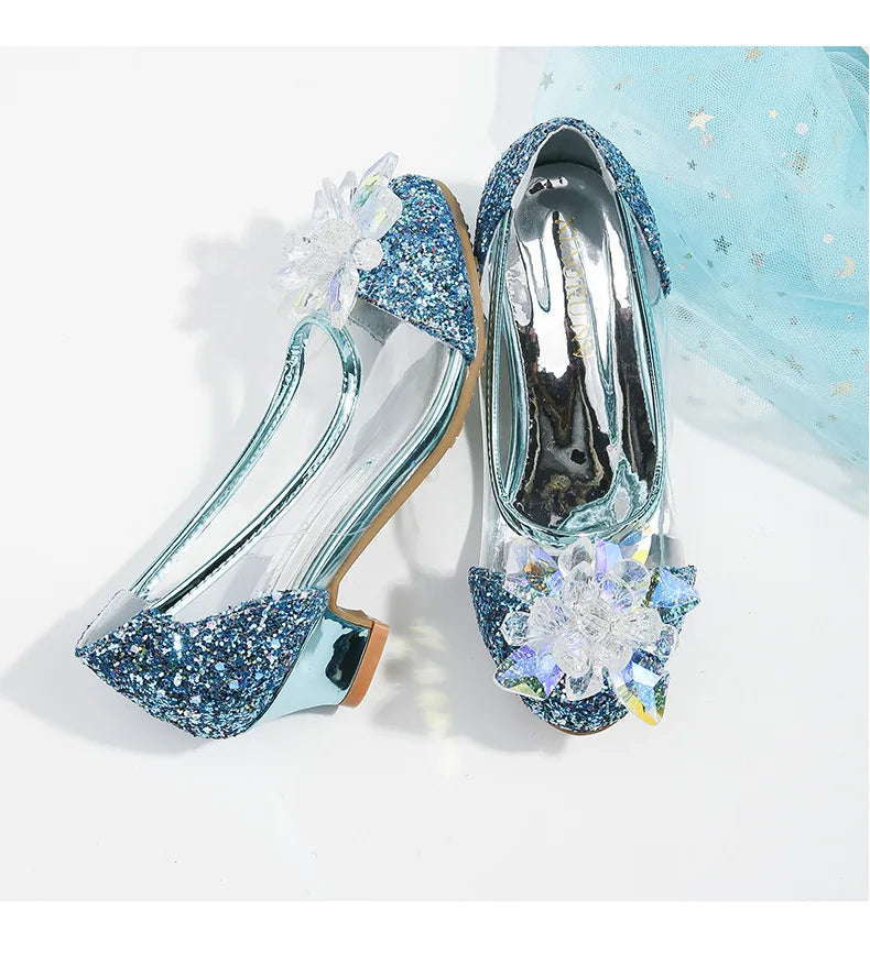 Pink Blue Princess Dance Shoes for Girls Low Heels for Kids Birthday Party Glitter Crystal Diamond Shoe Child Gown Leather Shoes