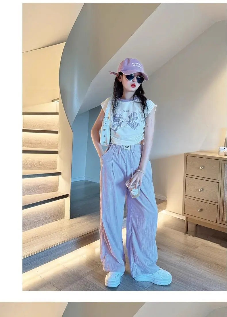 Teen Girls Summer Clothes Color Matching Cartoon T-shirt Trousers Two-piece Suit New Korean Style Sports Suit Children Outfit