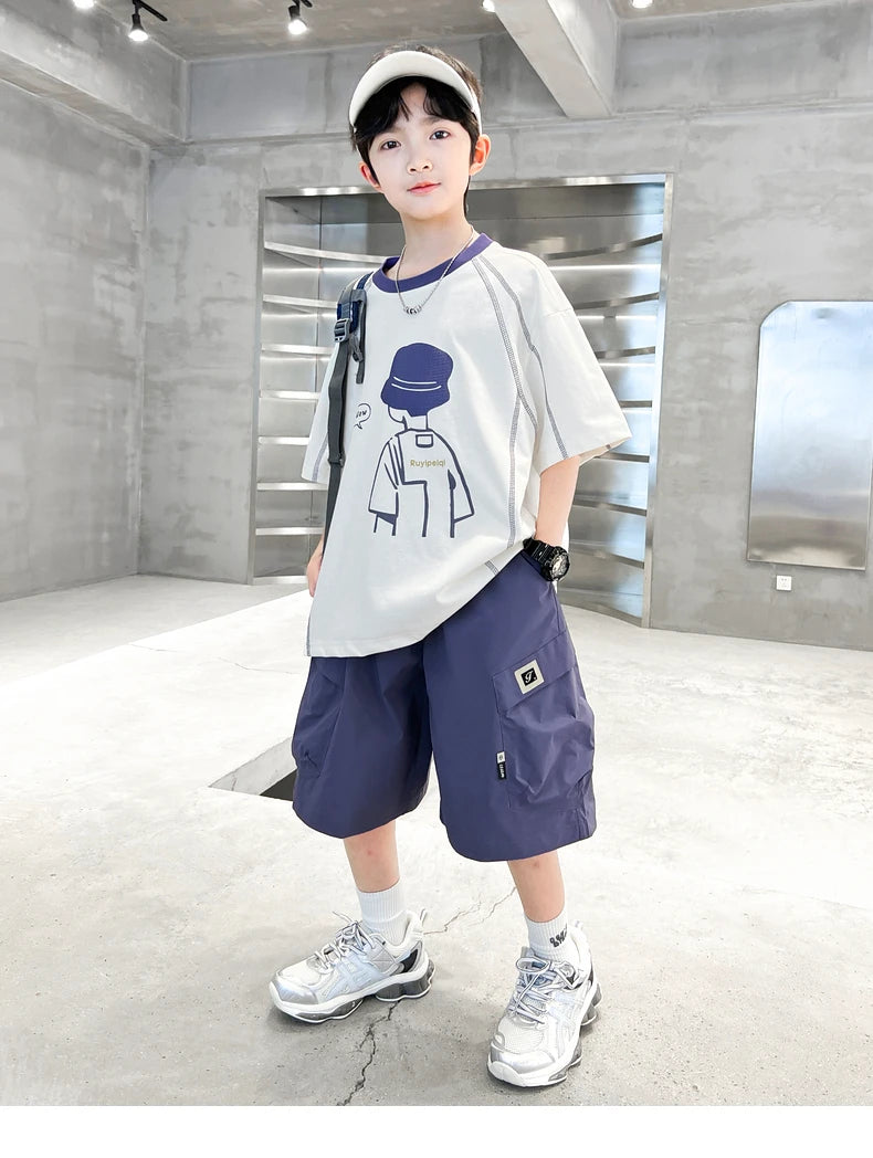 Teenage Summer Tracksuit for Boy with Shorts Tshirt 2 Piece Top and Bottom Clothes Set Kids Child Casual Cotton Outfit Suit Wear