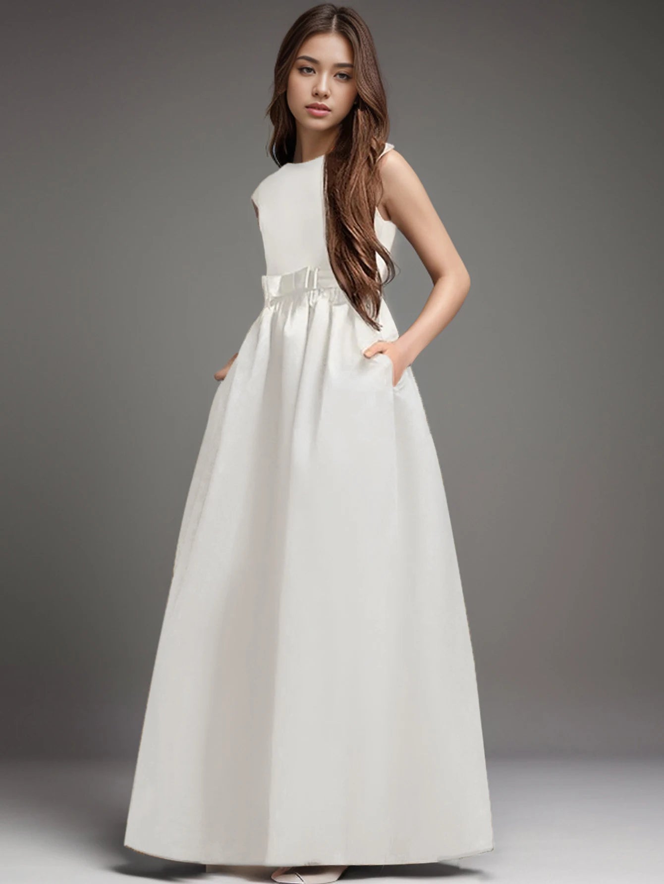 Teen Girl White Long Dress for Birthday Party Performance Featuring Elegant Evening Gown