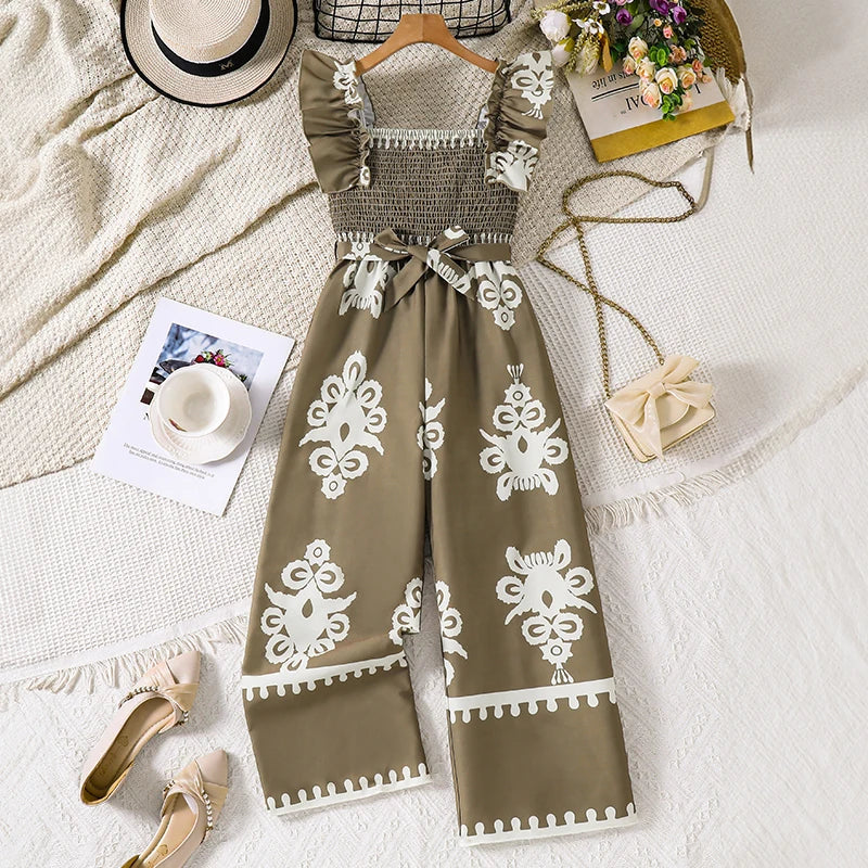 Girls 8-12 Casual Jumpsuit, Brown Floral Print Ruffle Strap Smocked Bodice Jumpsuit with Belt, Boho for Daily Summer Wear