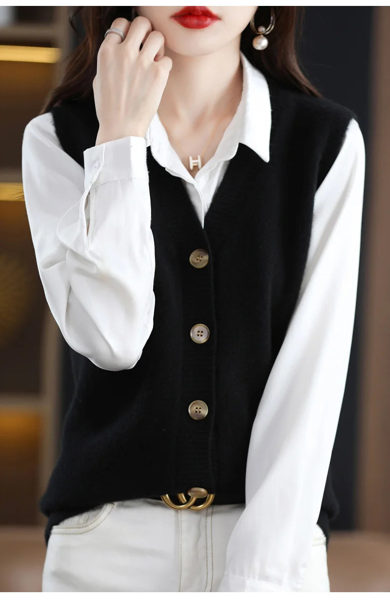 Girls Wear New Women's Loose High-End Waistcoat Knit Vest Wool V-Neck Solid Color Button Sleeveless Fashion Coat Cardigan Trend