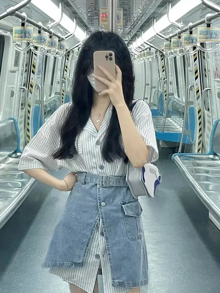 Short Sleeve Mature Skirt Women's Two Piece Set Slit Denim Y2k Clothes Formal Event New in The Same Stylish Full Female Outfits