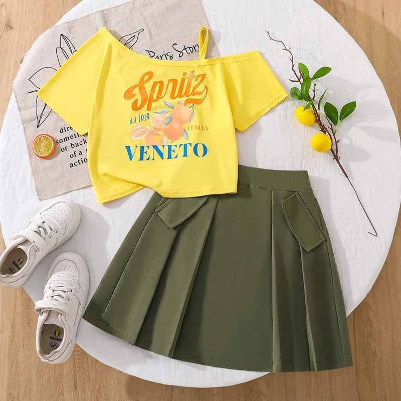 Girls 8-12 2-Piece Set, Yellow Fruit Print Off-Shoulder Top & Green Pleated Skirt, Fresh Cute for Daily Summer Wear
