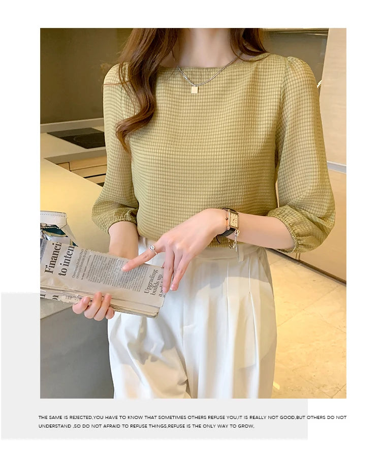 Blusas Para Mujer 2026 New Women Blouse Shirt O-Neck Black Chiffon Blouse Shirt Women Tops Blouses Shirts Blusas Camisas E474