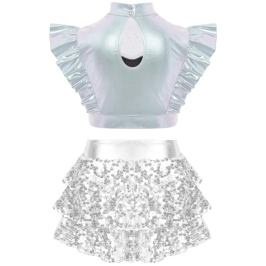 Kid Girls Hip Hop Dance Clothes Kids Jersey Sequin Tiered Skirt Long Tank Top Jazz Metallic Holographic Crop To Cheerleading Set