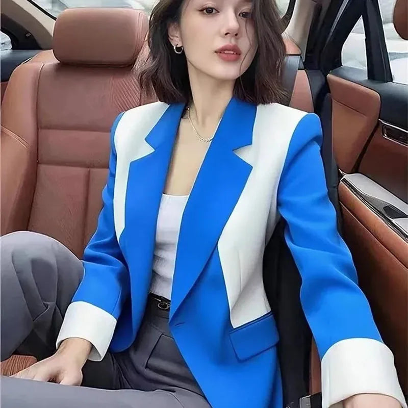 Women's suit jacket Blazer professional suit 2026 spring autumn good-looking design sense blue white contrasting suit coat top