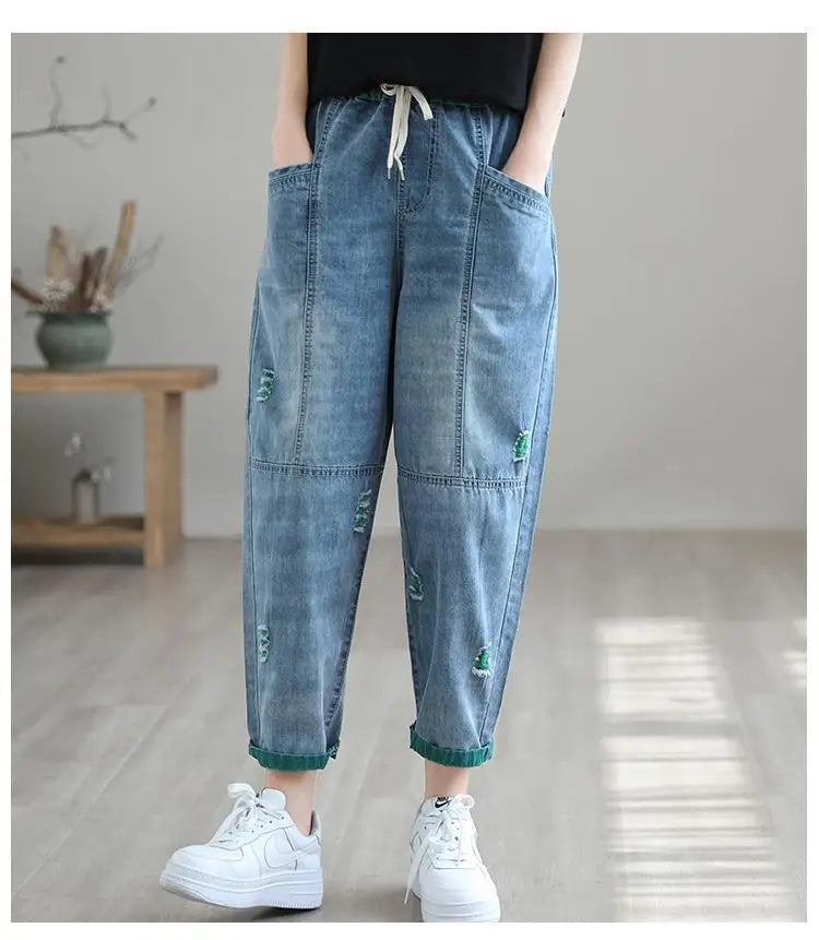 Nine Point ripped Jeans For women Summer 2025 new Loose Thin Elastic waist Casual Harem pants Female denim Ankle Length pants
