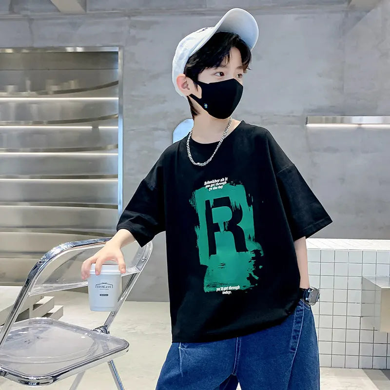 New Kids Boy Casual Tshirts Tops Novelty Printed Summer Children's T-shirt Short Sleeve Clothes Teenager Khaki Black Cotton Tees