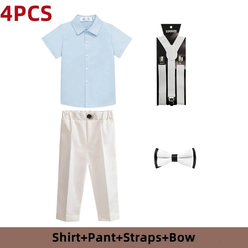 Kid Formal Strap Shirt Shorts Bowtie Clothing Set Gentleman Baby Toddler Tracksuit Elegant Boys Outfit Suit For Wedding Children