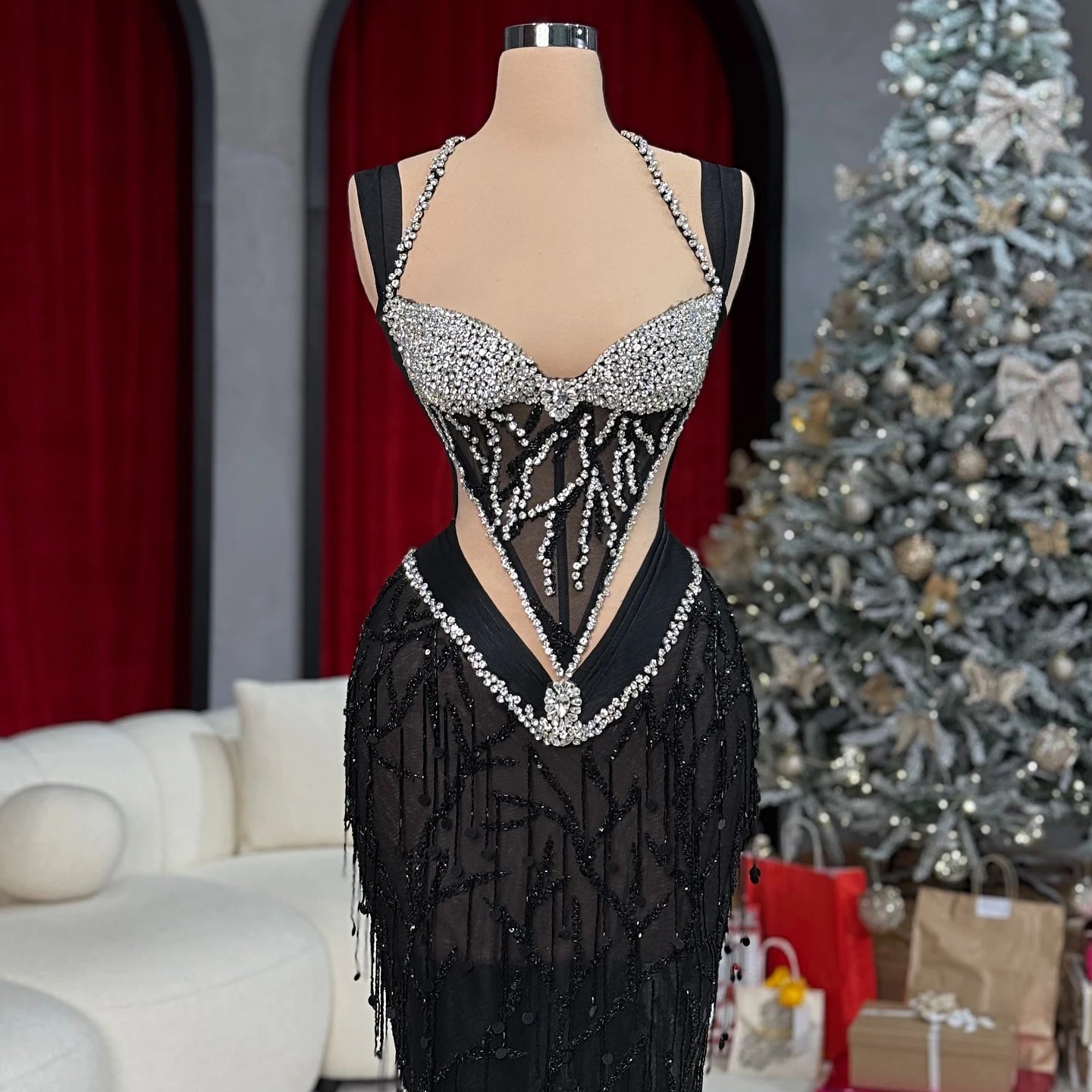Aso Ebi Black Feather Mermaid Prom Dresses Beaded Tassel Crystal Sexy Lace Evening Gown Halter Neck Evening Gown Customized