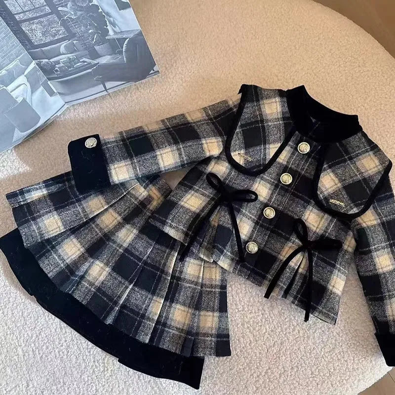 Girls Set Autumn Winter College Style Thick Cotton Jacket And Pleated Skirt Two-Piece Set Children's Outfit