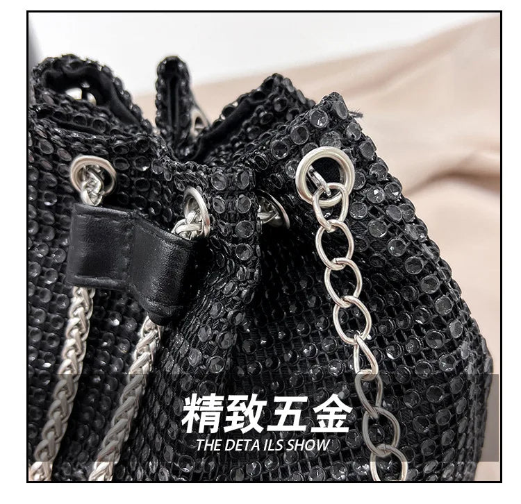 Women Luxury Shoulder Bag Solid Color Rhinestone Glittering Satchel Bag Drawstring Shinny Sling Purse Dinner Party Bag