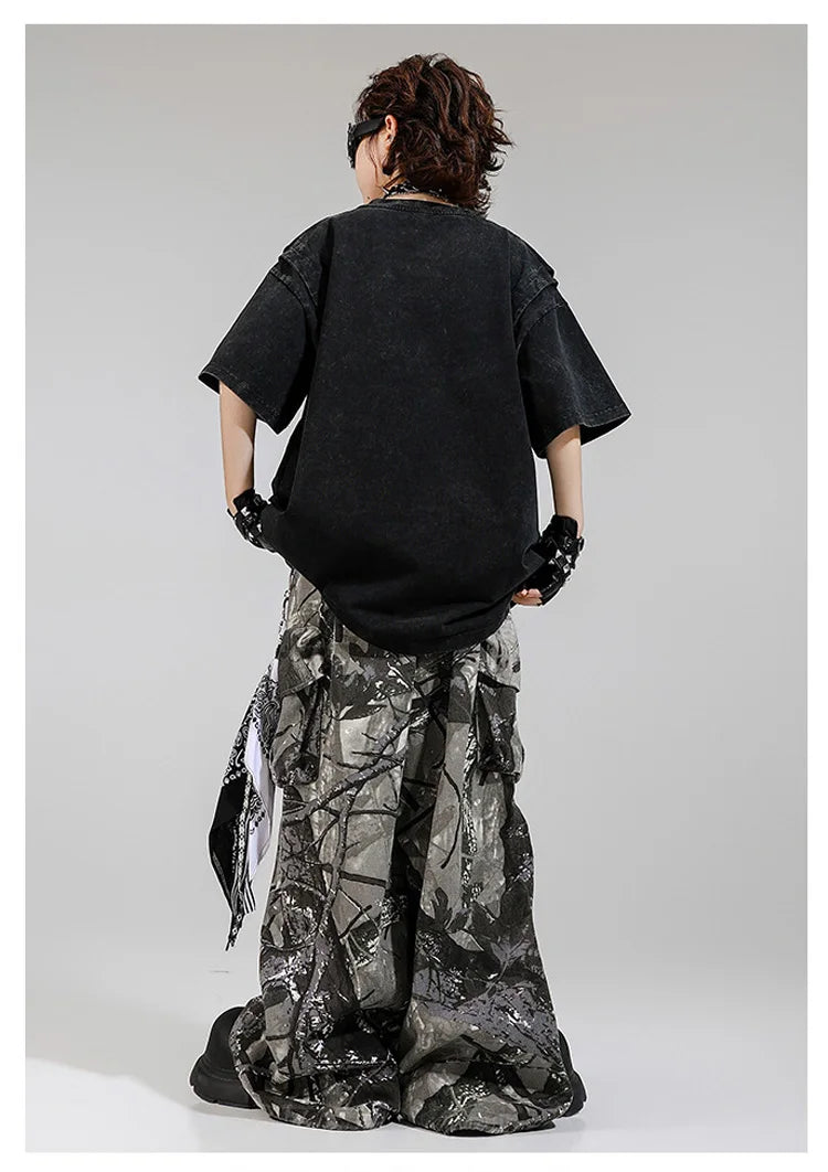 Kid Kpop Clothing Fake-2-Piece T Shirt Leaf Print Streetwear Harajuku Hip Hop Jeans for Girl Boy Jazz Dance Costume Clothes