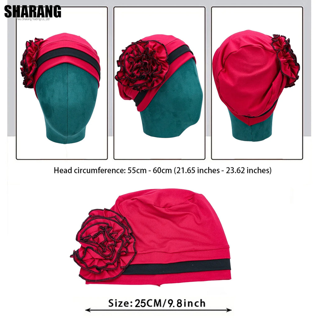 Africa Nigeria Women Wear Directly Hijabs Turban Beanie Hat Wth Flower Chemo Headwear Elastic Head Wrap Cap