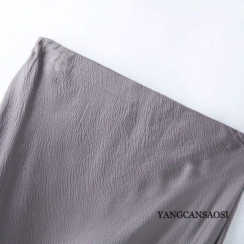 2025 Women's Summer New 100% Natural Mulberry Silk Pearl Satin Dark Grey Elegant Diagonal Cut Wrapped Hip Fishtail Skirt