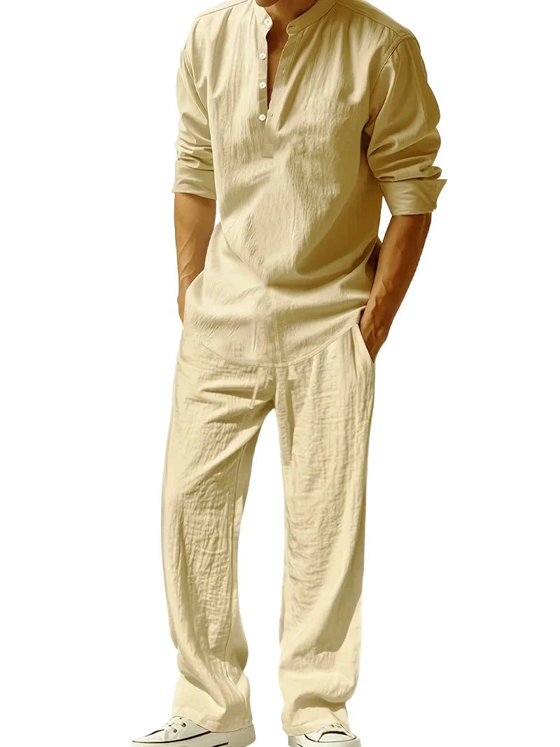 Men's White Linen Suit Set Long Sleeve Henley Shirt and Elastic Waist Pants Two Piece Outfit Summer Casual Comfortable