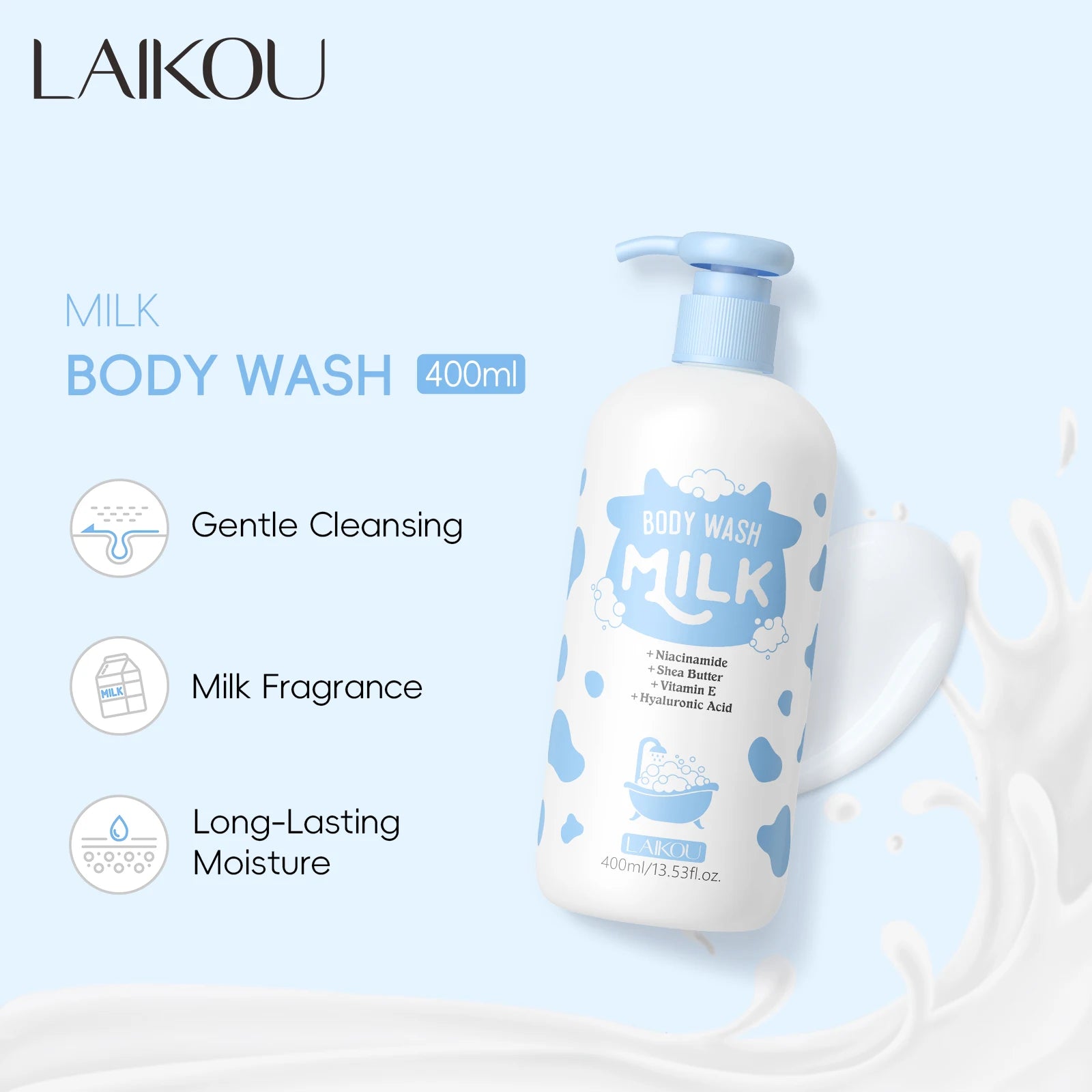LAIKOU 400ml Milk Body Wash, Gentle Cleansing Long Lasting Moisturizing Milk Fragrance Shower Gel With Niacinamide & Shea Butter