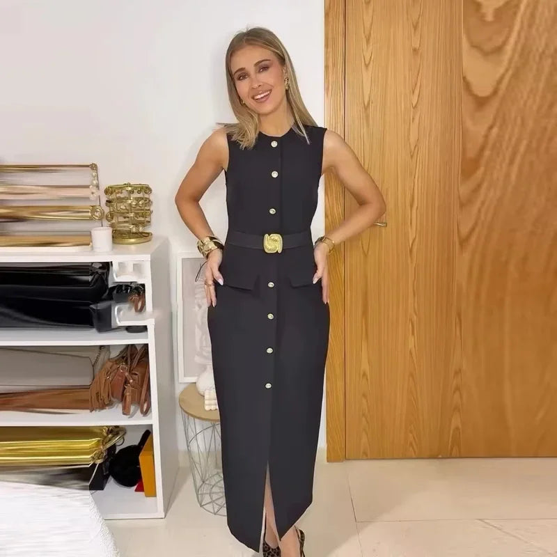 MUJER 2025 Women's Dress Summer Sleeveless Midi Dress Woman Red Black Office Long Dresses for Women Chic Belt Button Dress Women