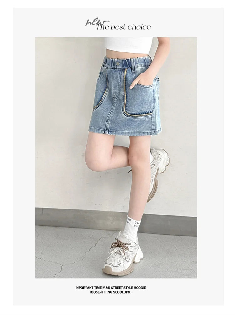 Korean Style Children Denim Mini Skirt with Inner Shorts For Girls Fashion Streetwear Summer Slim Fit Skirts with Pockets Front