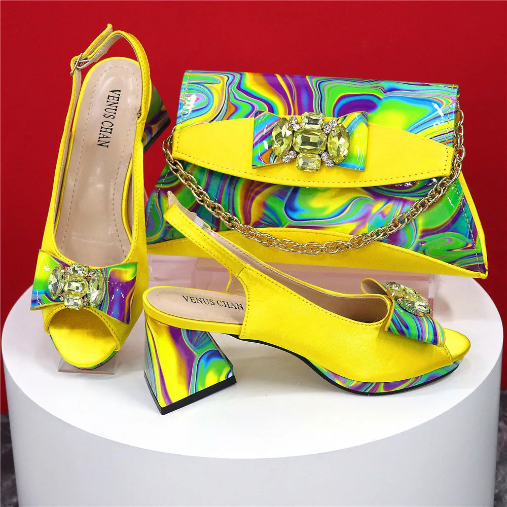 Sandals Woman Summer Ladies Shoes and Bag Decorated with Rhinestone Women Shoe and Bag Set for Party In Women Nigerian Shoe Bag