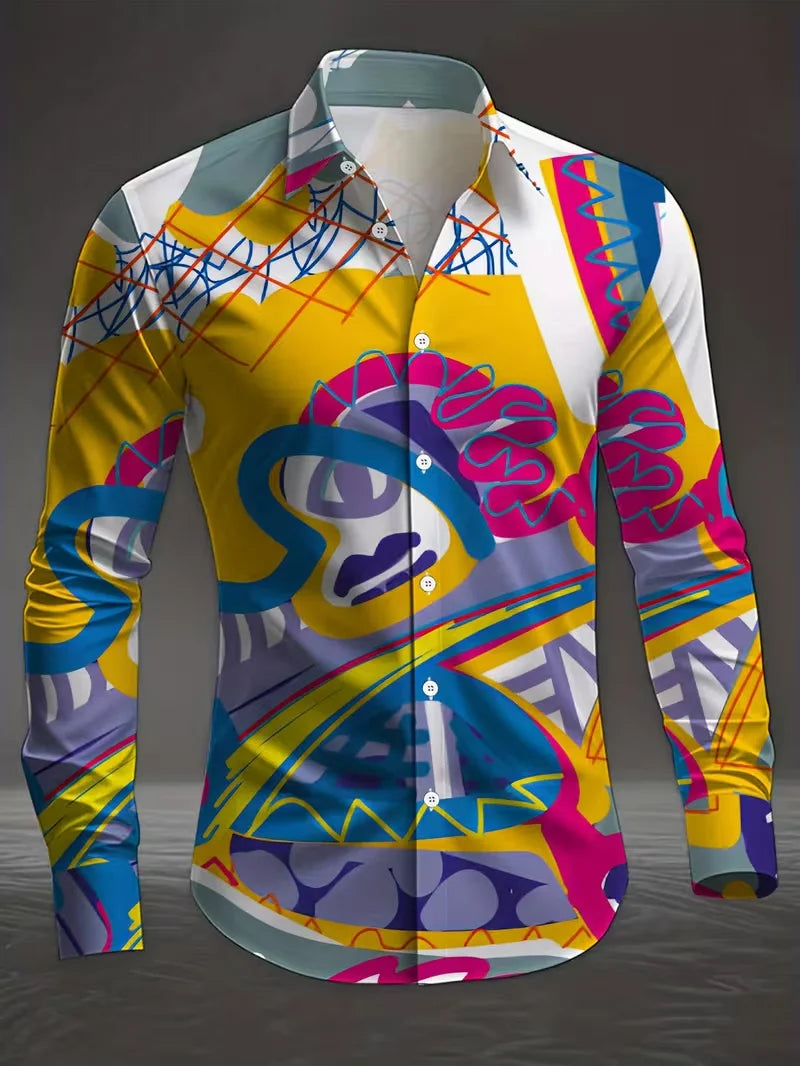 New men's floral shirt long sleeved casual shirt fashionable rose 3D butterfly print lapel slim fit Hawaiian shirt