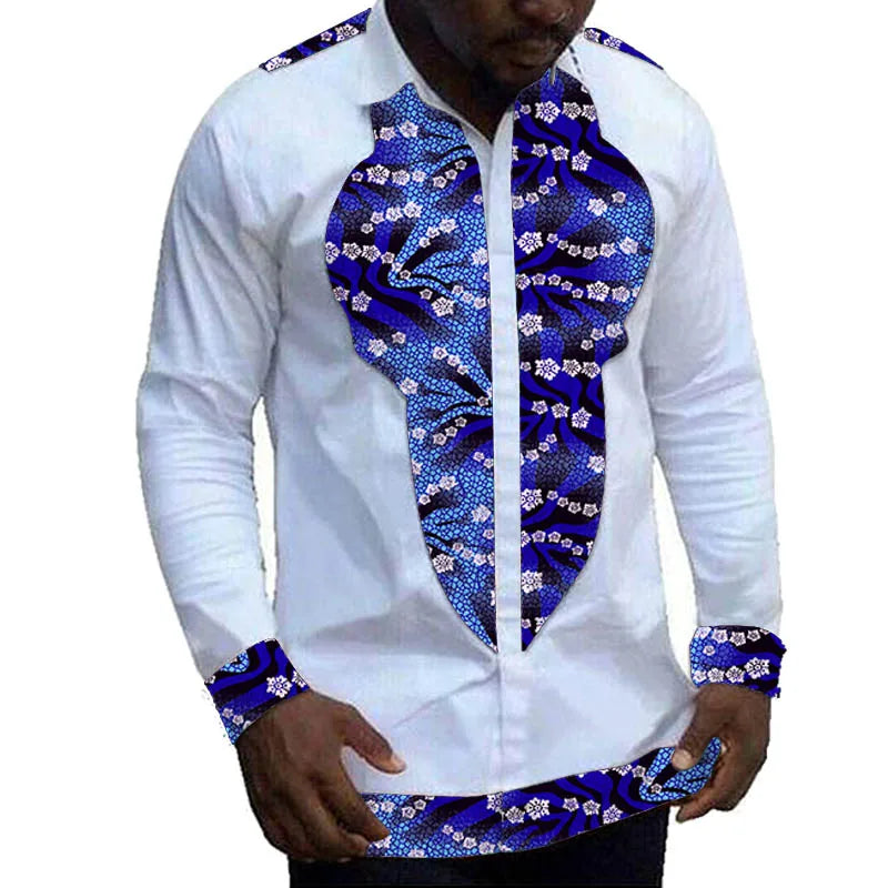 Nigerian Fashion White Men's Shirts Modern Design Casual Shirt Patchwork Long Sleeved Lapel Top African Couture Party Wear